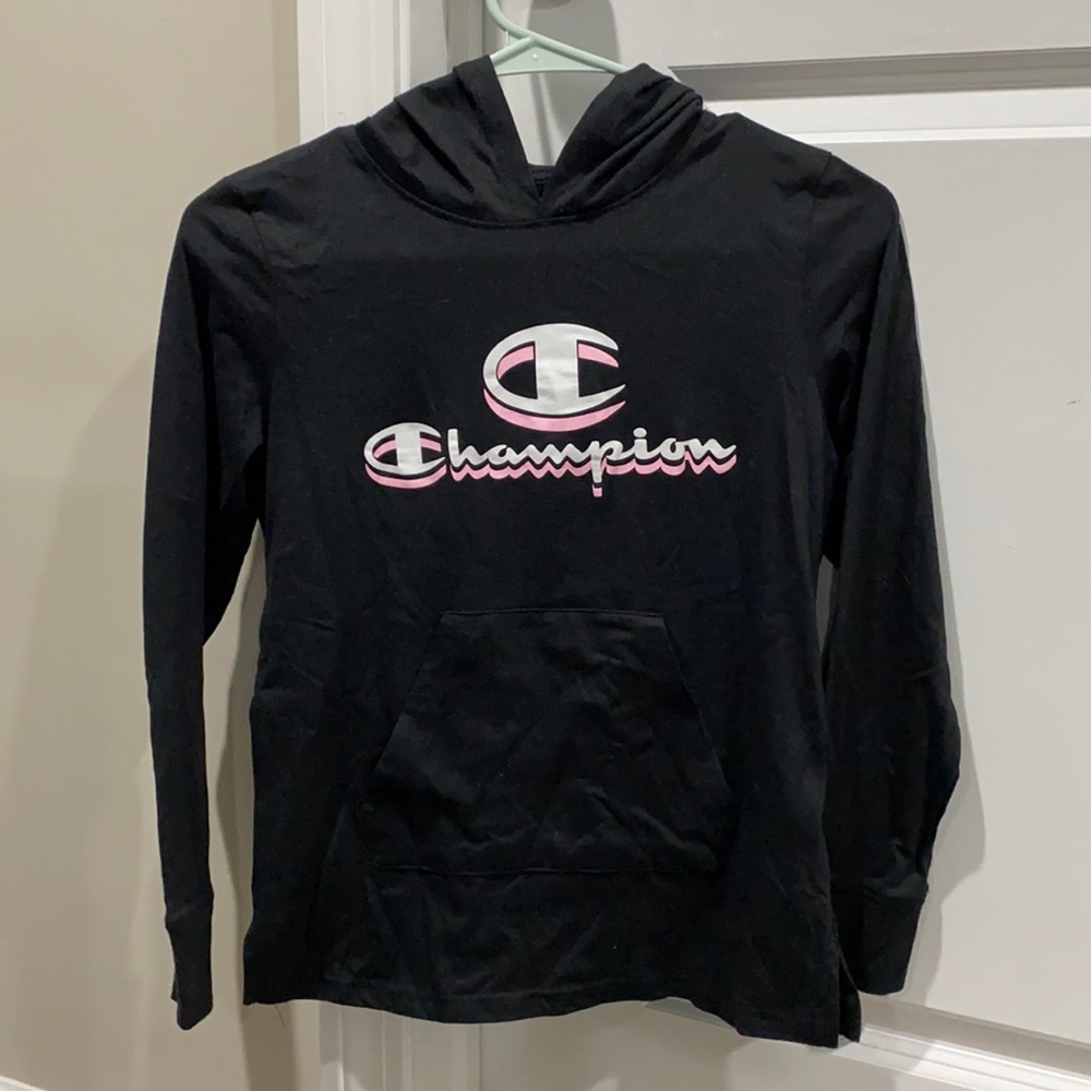 Never worn. Lightweight hooded champion long sleeve black and pink shirt